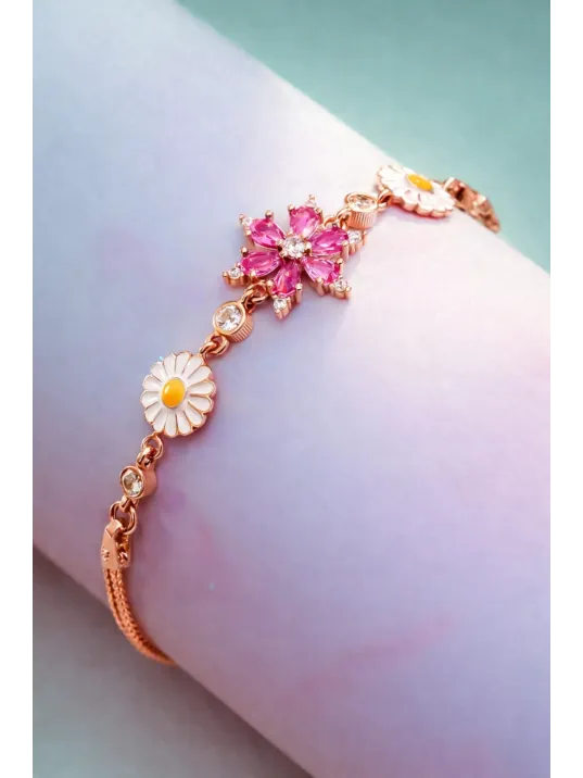 Rose Rengi Nergis Çiçeği Zirkon Taşlı Gümüş Bileklik