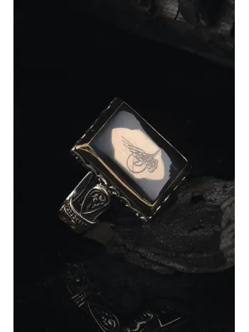 Osmanlı Tuğralı Kare Model Gümüş Erkek Yüzük  GYZOSMNLITG-GMS