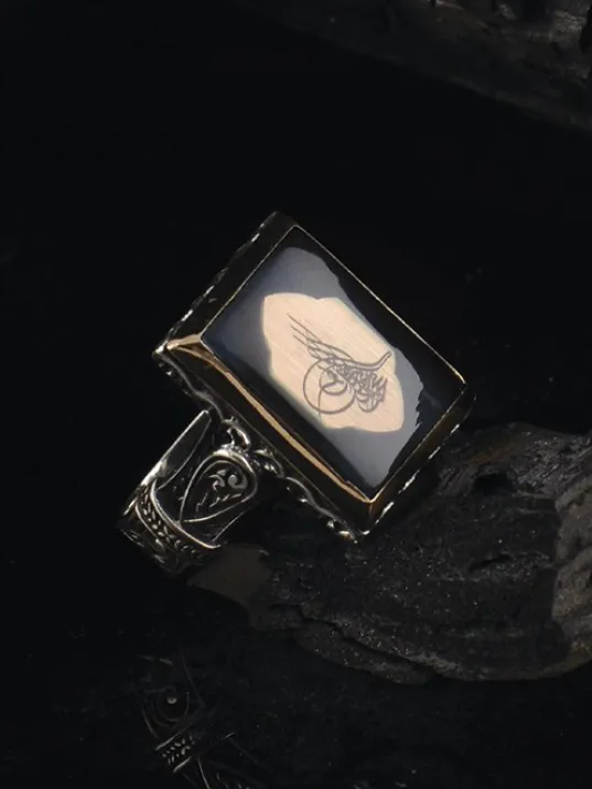 Osmanlı Tuğralı Kare Model Gümüş Erkek Yüzük  GYZOSMNLITG-GMS