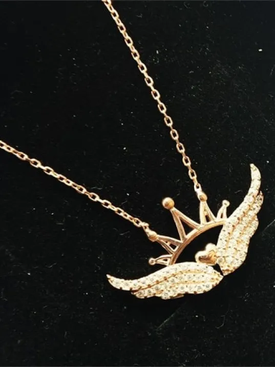 Kanatlı Kraliçe Tacı Rose Bayan Gümüş Kolye