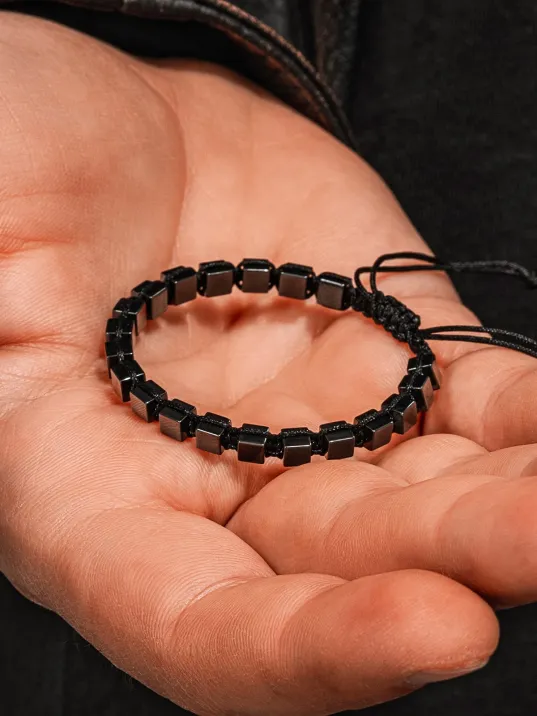 Erkek Kadın Doğal Taş Bileklik - Siyah Hematit Doğal Taşlı Makrome Küp Model Unisex Bileklik