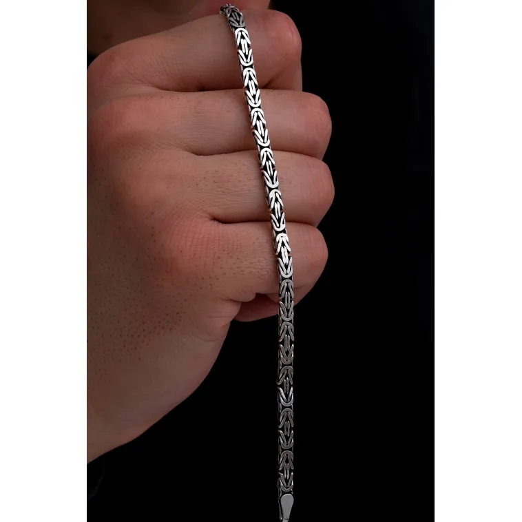 Erkek Gümüş Bileklik - 4.5mm Dikdörtgen Kesim Yassı Kral Gümüş Bileklik
