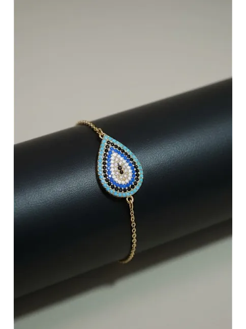 Kadın Gümüş Bileklik Yüzük Kolye Küpe Set - Damla Model Nazar Boncuk Detaylı Zirkon Taşlı Gümüş Set
