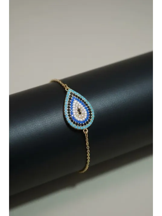 Kadın Gümüş Bileklik Yüzük Kolye Küpe Set - Damla Model Nazar Boncuk Detaylı Zirkon Taşlı Gümüş Set