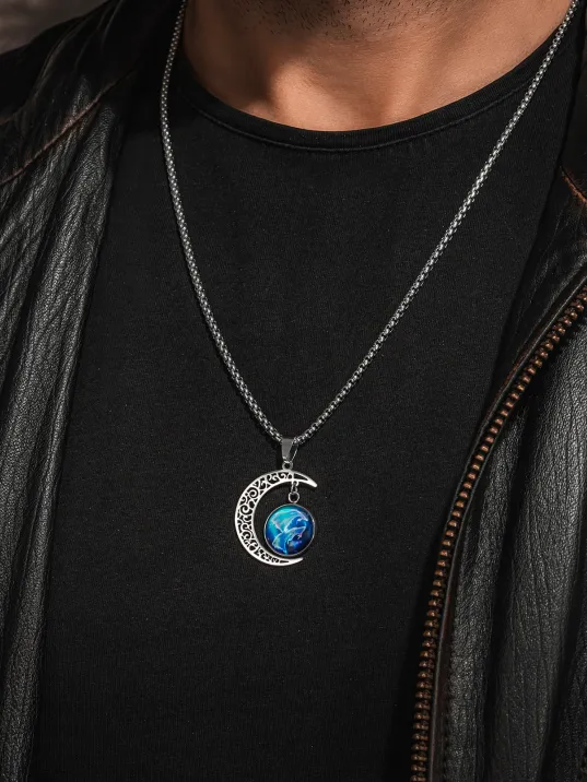 Lunara Steel Ay Figürlü Kozmik Taşlı Erkek Kolye Polo Zincir Kararmaz Çelik
