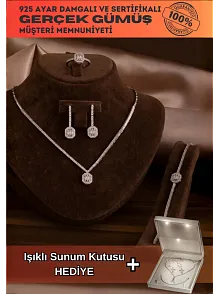 Kadın Gümüş Takı Seti - Ferahnaz Baget Taşlı Zirkon Süslemeli 925 Ayar Kolye, Bileklik, Yüzük, Küpe Tam Set