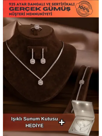 Kadın Gümüş Takı Seti - Ferahnaz Baget Taşlı Zirkon Süslemeli 925 Ayar Kolye, Bileklik, Yüzük, Küpe Tam Set