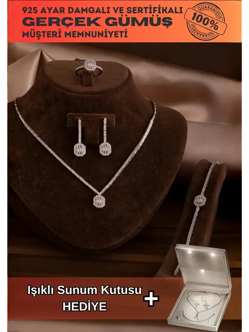 Kadın Gümüş Takı Seti - Ferahnaz Baget Taşlı Zirkon Süslemeli 925 Ayar Kolye, Bileklik, Yüzük, Küpe Tam Set