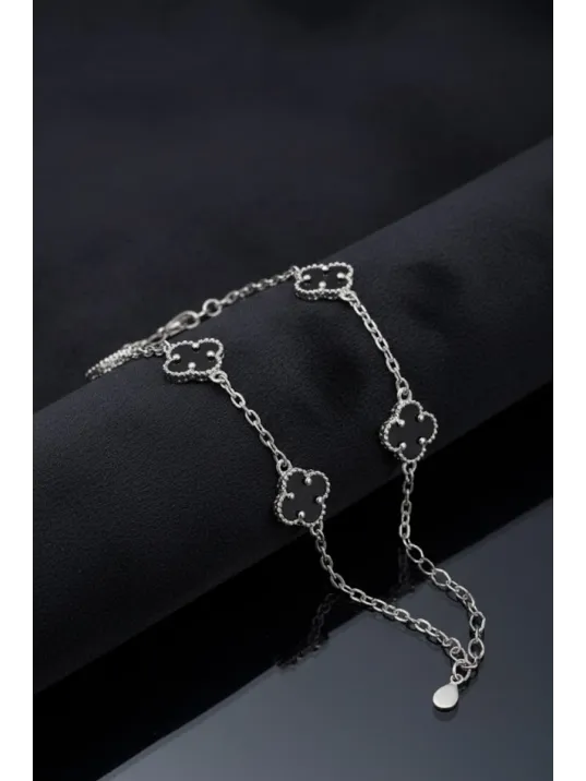 Kadın 925 Ayar Gümüş Siyah Oniks Taşlı Yonca Model Zincir Bileklik