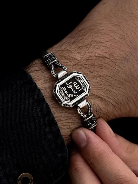 Erkek Gümüş Bileklik - Mührü Şerif Motifli Tilkikuyruğu Zincirli 925 Ayar Gümüş Bileklik