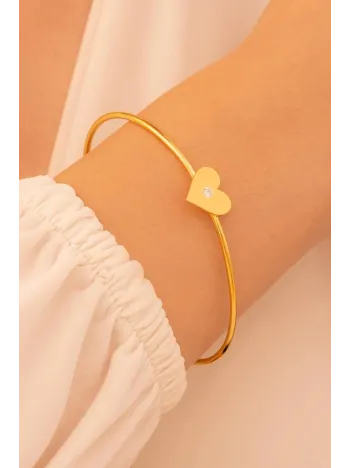 Kadın Gümüş Bileklik - El Yapımı Altın Kaplama Gümüş Zirkon Taşlı Kalp Motifli Kadın Bileklik