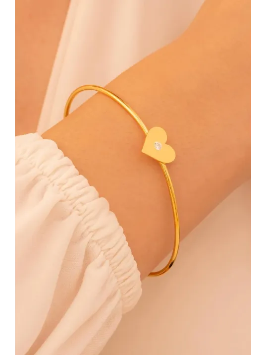 Kadın Gümüş Bileklik - El Yapımı Altın Kaplama Gümüş Zirkon Taşlı Kalp Motifli Kadın Bileklik