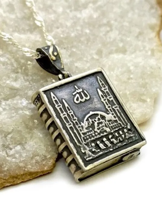 Allah Yazılı Camii Motifli Kitap Bayan Gümüş Kolye Zincir GKLGMSLLHER