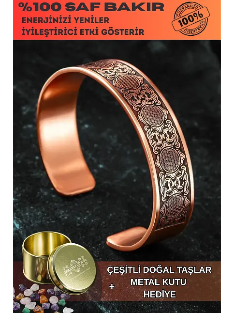 Erkek Bakır Bileklik - Lotus Çiçeği - Yaşam Çiçeği Erkek Kelepçe Bileklik Bilezik
