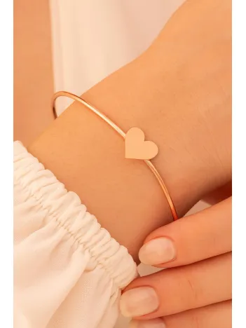 Kadın Gümüş Bileklik - El Yapımı Rose Kaplama Gümüş Kalp Motifli Kadın Bileklik Kelepçe