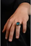 Blue Topaz Aqua Marin Taşlı Kubbe Model Yanı Teşkilat-ı Mahsusa İşlemeli Erkek Gümüş Yüzük