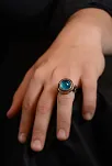 Blue Topaz Aqua Marin Taşlı Kubbe Model Yanı Teşkilat-ı Mahsusa İşlemeli Erkek Gümüş Yüzük