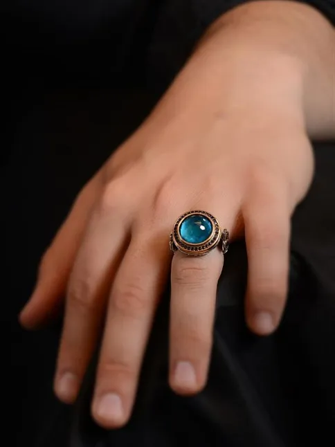 Blue Topaz Aqua Marin Taşlı Kubbe Model Yanı Teşkilat-ı Mahsusa İşlemeli Erkek Gümüş Yüzük