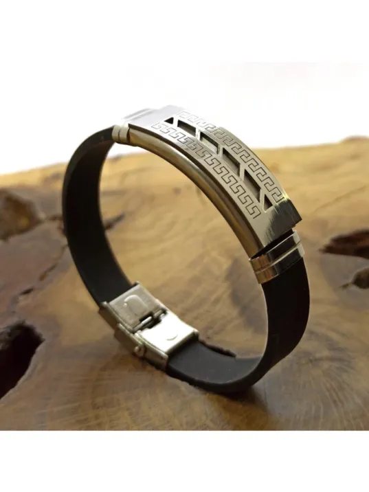 İnce Çift Sıra Grek Desen Kauçuk Çelik Erkek Bileklik Dblıncfgrek-syh