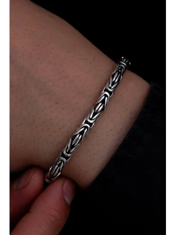 Erkek Gümüş Bileklik - 5.2 mm Özel Kilit Tasarımlı Yuvarlak Kesim Kral Model Gümüş Bileklik