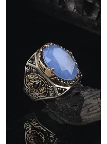 Paraiba Taşlı Yanları Zirkon Taş Süslü 925 Ayar Gümüş Erkek Yüzük GYZAQUAMRIN-MAV