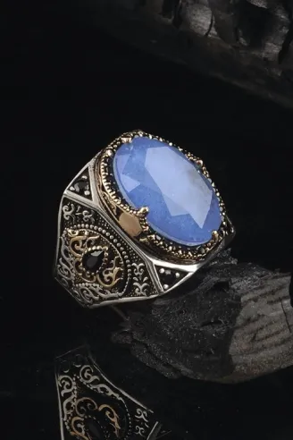 Paraiba Taşlı Yanları Zirkon Taş Süslü 925 Ayar Gümüş Erkek Yüzük GYZAQUAMRIN-MAV
