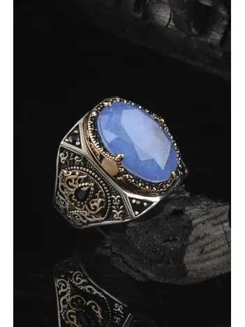 Paraiba Taşlı Yanları Zirkon Taş Süslü 925 Ayar Gümüş Erkek Yüzük GYZAQUAMRIN-MAV