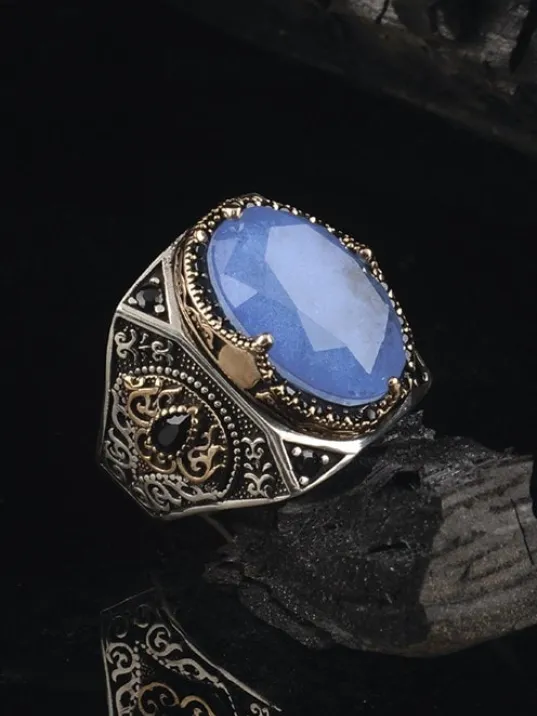Paraiba Taşlı Yanları Zirkon Taş Süslü 925 Ayar Gümüş Erkek Yüzük GYZAQUAMRIN-MAV