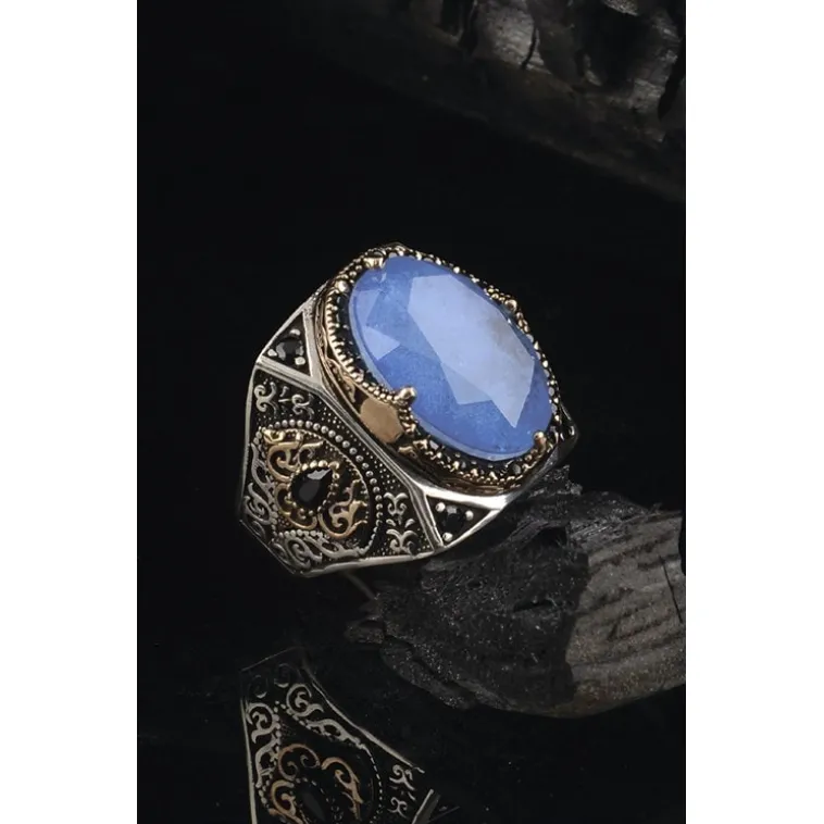 Paraiba Taşlı Yanları Zirkon Taş Süslü 925 Ayar Gümüş Erkek Yüzük GYZAQUAMRIN-MAV Paraiba Taşlı Yanları Zirkon Taş Süslü 925 Ayar Gümüş Erkek Yüzük GYZAQUAMRIN-MAV