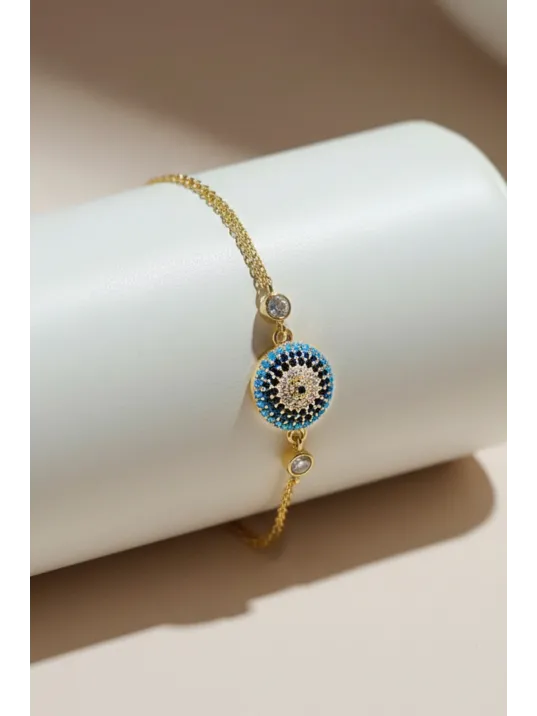 Kadın Gümüş Bileklik - 14 Ayar Altın Kaplama Nazar Boncuğu Desenli Gümüş Bileklik