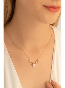 Kadın Gümüş Kolye - Zirkon Taşlı Geyik Kafası Motifli Rose Altın Kaplama Gümüş Kolye