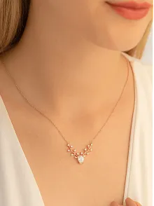 Kadın Gümüş Kolye - Zirkon Taşlı Geyik Kafası Motifli Rose Altın Kaplama Gümüş Kolye