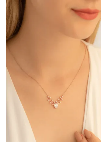 Kadın Gümüş Kolye - Zirkon Taşlı Geyik Kafası Motifli Rose Altın Kaplama Gümüş Kolye