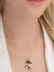 Zümrüdü Anka Kuşu Simurg Bayan Gümüş Kolye Büyük Boy Rose Model