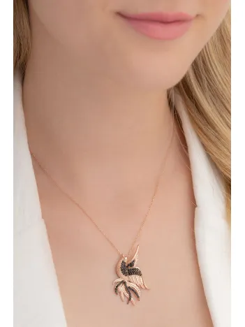 Zümrüdü Anka Kuşu Simurg Bayan Gümüş Kolye Büyük Boy Rose Model