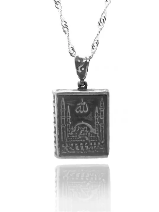 Allah Yazılı Camii Motifli Kitap Bayan Gümüş Kolye Zincir GKLGMSLLHER