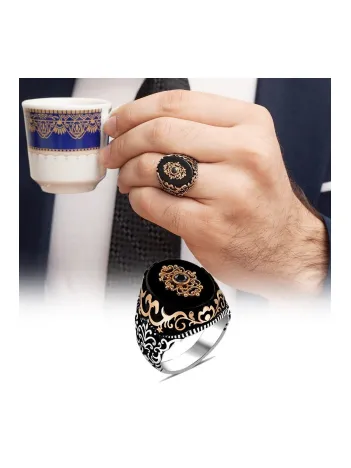 Erkek Gümüş Yüzük - Çiçek Motifli Oniks Taşlı 925 Ayar Gümüş Erkek Yüzük