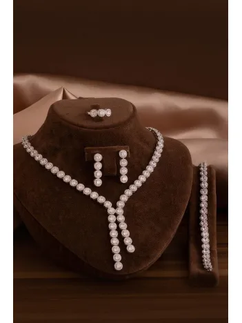 Kadın Gümüş Takı Seti - İdil Yuvarlak Model Zirkon Taşlı Kolye, Bileklik, Yüzük, Küpe Tam Set Kadın Gümüş Takı Seti - İdil Yuvarlak Model Zirkon Taşlı Kolye, Bileklik, Yüzük, Küpe Tam Set
