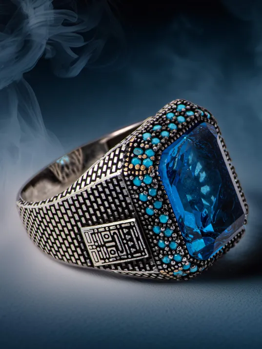 Erkek Mavi Taşlı Yanı Turkuaz Taş Süslemeli 925 Ayar Gümüş Yüzük