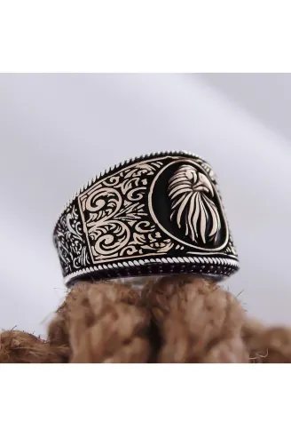 Kartal Motifli Yanı Işlemeli Özel Seri Erkek Gümüş Yüzük
