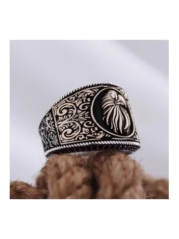 Kartal Motifli Yanı Işlemeli Özel Seri Erkek Gümüş Yüzük