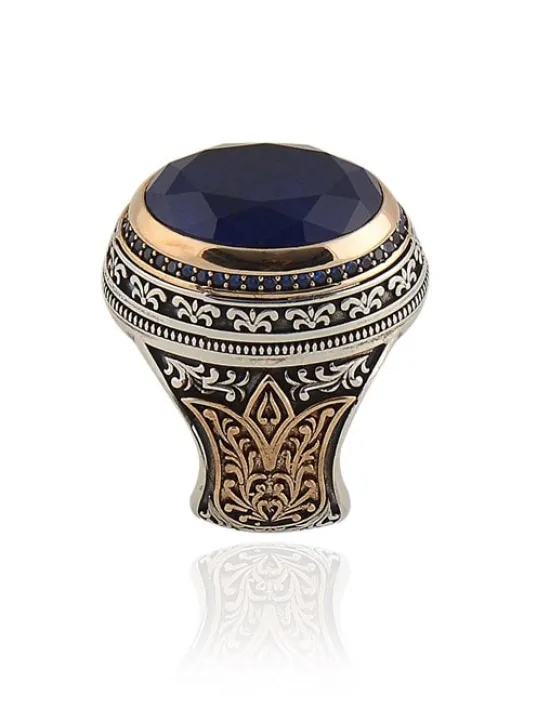 Mavi Zirkon Taşlı Yanları Motifli Erkek 925 Ayar Gümüş Yüzük GYZMAVIZIRC-GMS