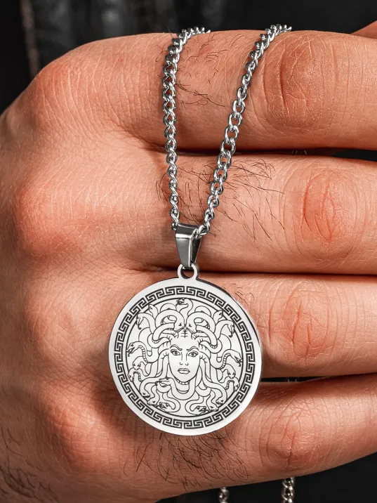 Steel Aether Çelik Kadın Kolye Yunan Tanrısı Medusa İşlemeli Yuvarlak Plaka Kararmaz