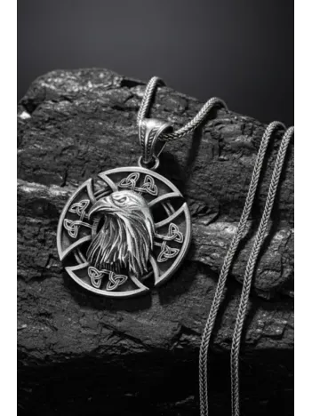 Erkek Gümüş Kolye - 925 Ayar Kabartmalı Kartal Kafası Motifli Tilki Kuyruğu Zincirli Erkek Kolye