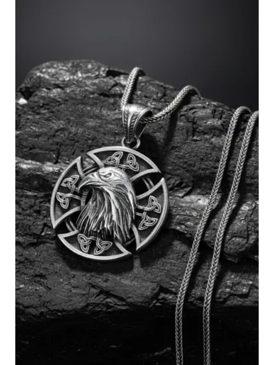 Erkek Gümüş Kolye - 925 Ayar Kabartmalı Kartal Kafası Motifli Tilki Kuyruğu Zincirli Erkek Kolye