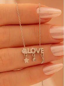 Kadın Gümüş Kolye - Sevgililer Günü - Hediye - Zirkon Taşlı Love Yazılı Kalp Motifli Kadın Kolye