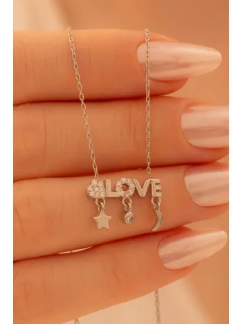 Kadın Gümüş Kolye - Sevgililer Günü - Hediye - Zirkon Taşlı Love Yazılı Kalp Motifli Kadın Kolye