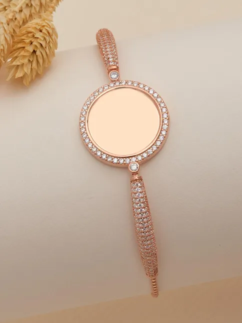 Kadın Gümüş Bileklik - Rose Kaplama İsim Yazılabilir Yuvarlak Plaka Asansörlü Kadın Bileklik