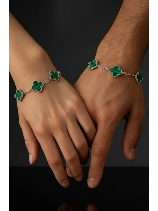 Erkek Gümüş Bileklik - Şans Dört Yaprak Motifli Yeşil Oniks Taşlı Bilezik