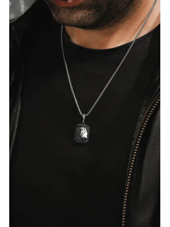 Erkek Gümüş Kolye - Siyah Zirkon Taşlı Kartal Kafası Motifli Erkek Kolye